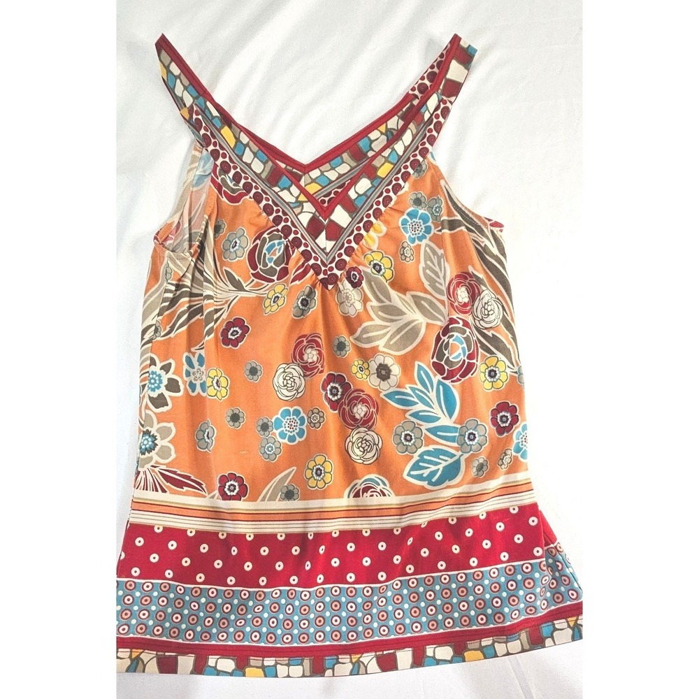 Trulli‎ Womens XS Orange Floral Boho Geometric V-Neck Sleeveless Tank Top Summer